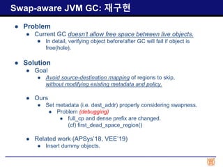 ● Problem
● Current GC doesn’t allow free space between live objects.
● In detail, verifying object before/after GC will fail if object is
free(hole).
● Solution
● Goal
● Avoid source-destination mapping of regions to skip,
without modifying existing metadata and policy.
● Ours
● Set metadata (i.e. dest_addr) properly considering swapness.
● Problem (debugging)
● full_cp and dense prefix are changed.
(cf) first_dead_space_region()
● Related work (APSys’18, VEE’19)
● Insert dummy objects.
Swap-aware JVM GC: 재구현
 