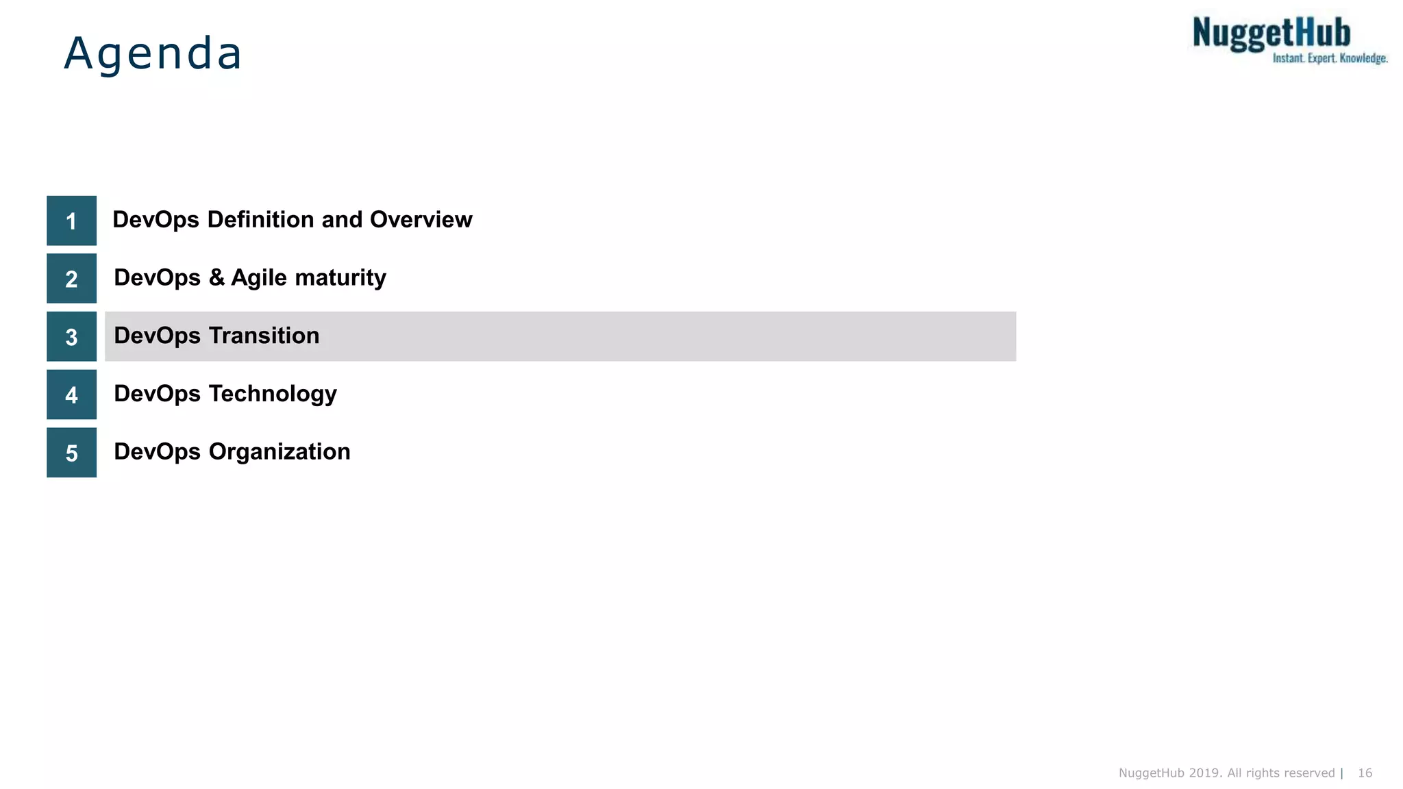 16NuggetHub 2019. All rights reserved |
DevOps Technology4
DevOps Transition3
DevOps & Agile maturity2
DevOps Definition and Overview1
Agenda
DevOps Organization5
 