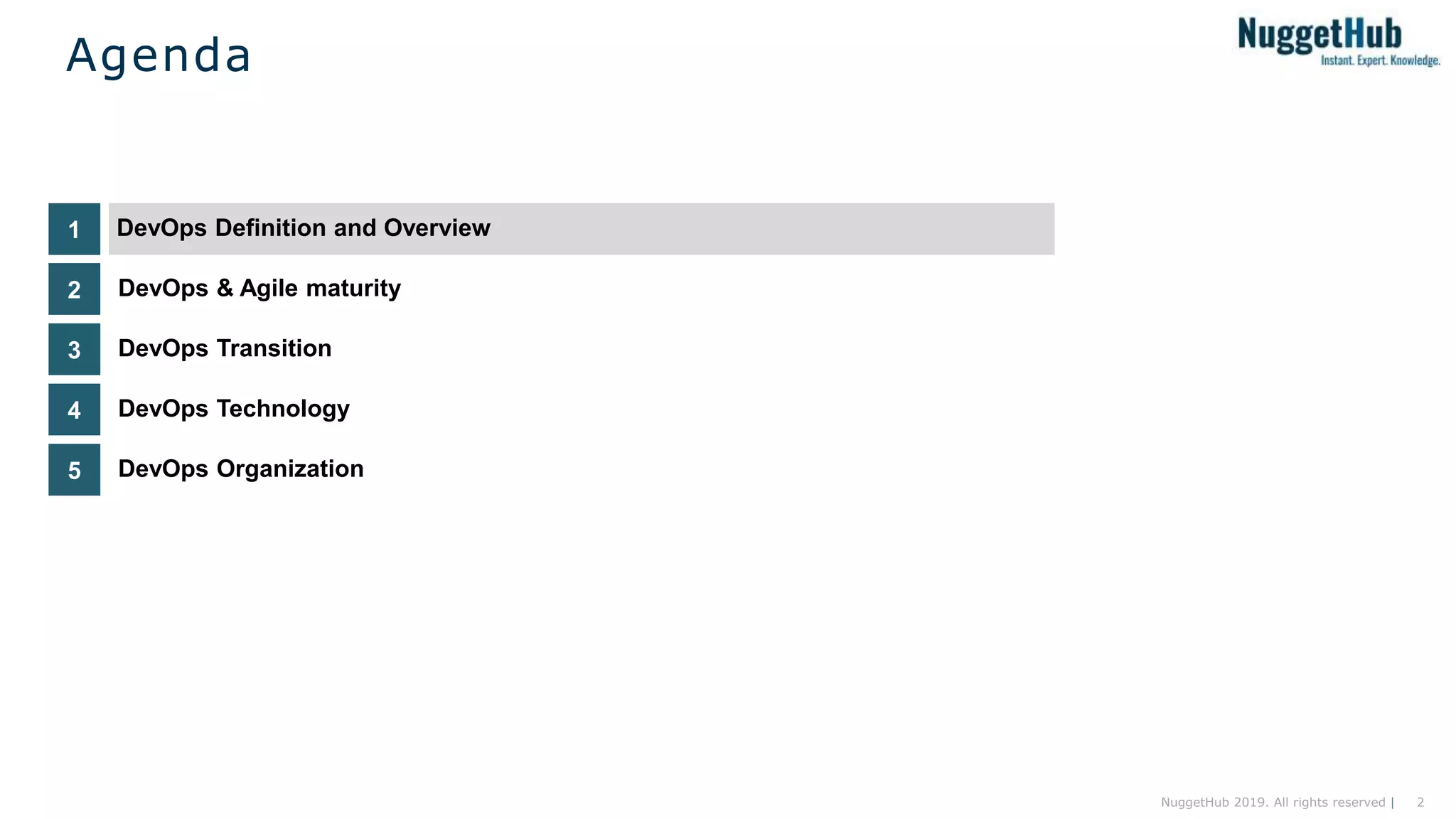 2NuggetHub 2019. All rights reserved |
DevOps Technology4
DevOps Transition3
DevOps & Agile maturity2
DevOps Definition and Overview1
Agenda
DevOps Organization5
 