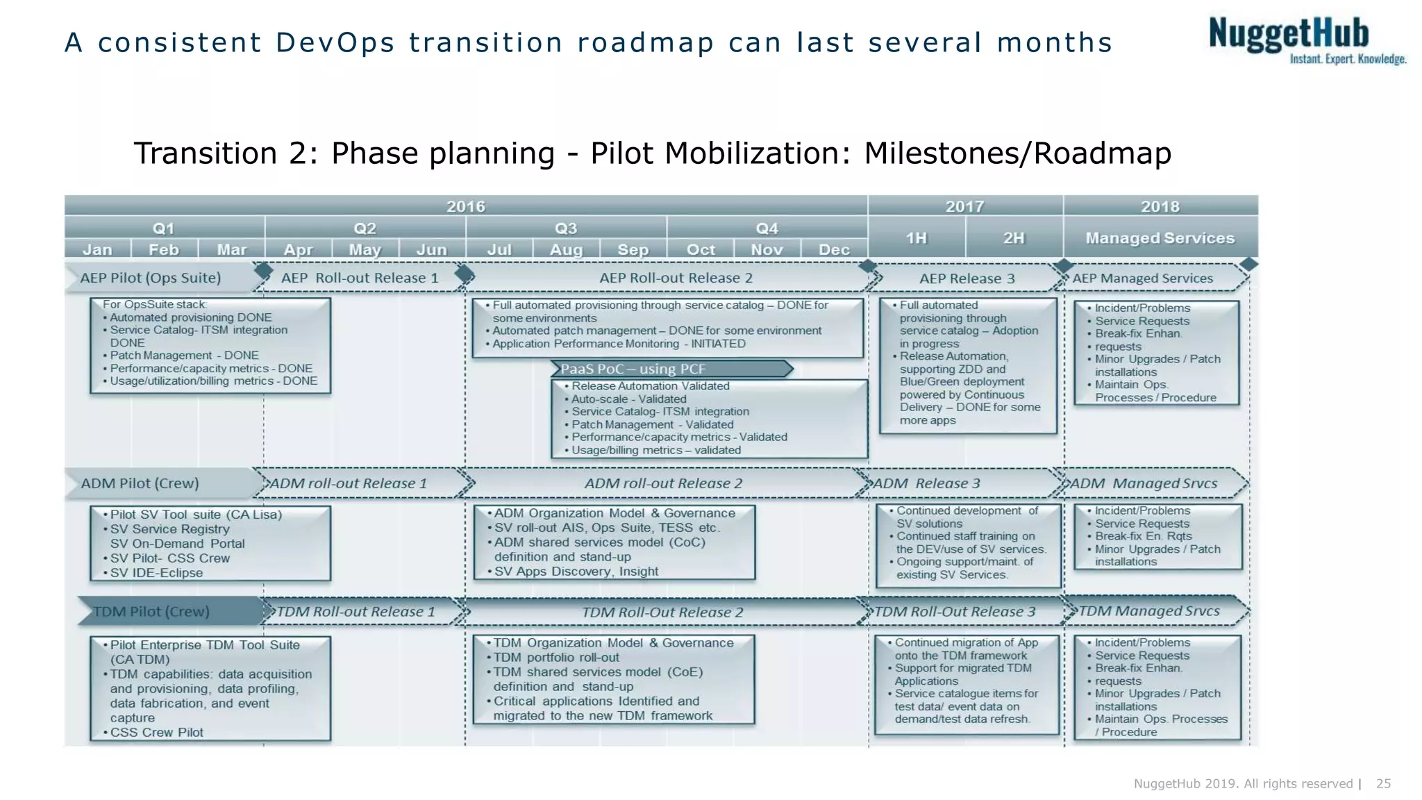 25NuggetHub 2019. All rights reserved |
A consistent DevOps transition roadmap can last several months
Transition 2: Phase planning - Pilot Mobilization: Milestones/Roadmap
 