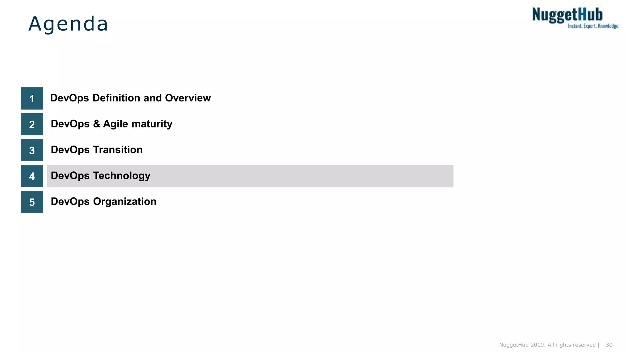 30NuggetHub 2019. All rights reserved |
DevOps Technology4
DevOps Transition3
DevOps & Agile maturity2
DevOps Definition and Overview1
Agenda
DevOps Organization5
 