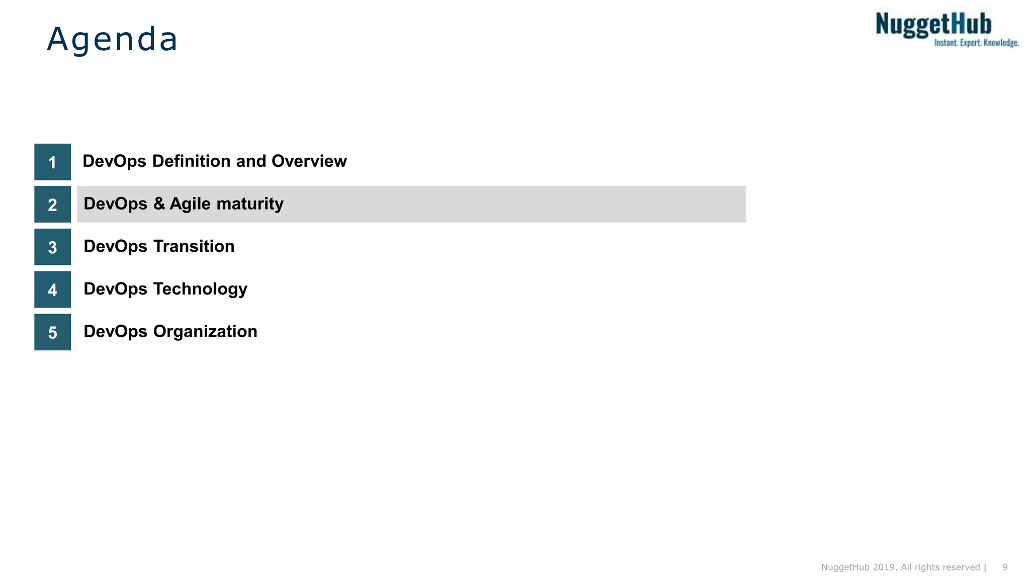 9NuggetHub 2019. All rights reserved |
DevOps Technology4
DevOps Transition3
DevOps & Agile maturity2
DevOps Definition and Overview1
Agenda
DevOps Organization5
 