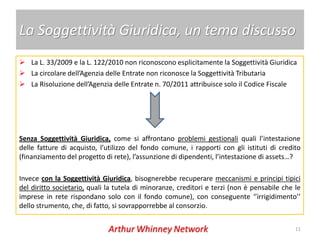 La Soggettività Giuridica, un tema discusso
 La L. 33/2009 e la L. 122/2010 non riconoscono esplicitamente la Soggettività Giuridica
 La circolare dell’Agenzia delle Entrate non riconosce la Soggettività Tributaria
 La Risoluzione dell’Agenzia delle Entrate n. 70/2011 attribuisce solo il Codice Fiscale




Senza Soggettività Giuridica, come si affrontano problemi gestionali quali l’intestazione
delle fatture di acquisto, l’utilizzo del fondo comune, i rapporti con gli istituti di credito
(finanziamento del progetto di rete), l’assunzione di dipendenti, l’intestazione di assets…?

Invece con la Soggettività Giuridica, bisognerebbe recuperare meccanismi e principi tipici
del diritto societario, quali la tutela di minoranze, creditori e terzi (non è pensabile che le
imprese in rete rispondano solo con il fondo comune), con conseguente ‘’irrigidimento’’
dello strumento, che, di fatto, si sovrapporrebbe al consorzio.

                                                                                             11
 