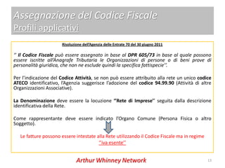 Assegnazione del Codice Fiscale
Profili applicativi
                      Risoluzione dell’Agenzia delle Entrate 70 del 30 giugno 2011

‘’ Il Codice Fiscale può essere assegnato in base al DPR 605/73 in base al quale possono
essere iscritte all’Anagrafe Tributaria le Organizzazioni di persone o di beni prove di
personalità giuridica, che non ne esclude quindi la specifica fattispecie’’.

Per l’indicazione del Codice Attività, se non può essere attribuito alla rete un unico codice
ATECO identificativo, l’Agenzia suggerisce l’adozione del codice 94.99.90 (Attività di altre
Organizzazioni Associative).

La Denominazione deve essere la locuzione ‘’Rete di Imprese’’ seguita dalla descrizione
identificativa della Rete.

Come rappresentante deve essere indicato l’Organo Comune (Persona Fisica o altro
Soggetto).

   Le fatture possono essere intestate alla Rete utilizzando il Codice Fiscale ma in regime
                                        ‘’iva esente’’


                                                                                              13
 