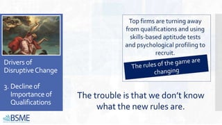Drivers of
DisruptiveChange
3. Declineof
Importance of
Qualifications
The trouble is that we don’t know
what the new rules are.
 