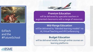 EdTech
and the
#FutureSchool
Premium Education
will be delivered by specialist teachers in
augmented classrooms with a range of resources.
Budget Education
will be delivered totally through online courses on
learning platforms
Mid-Range Education
will be delivered by “blended-learning models” via
AI,VirtualTeaching andVR Conferencing
 