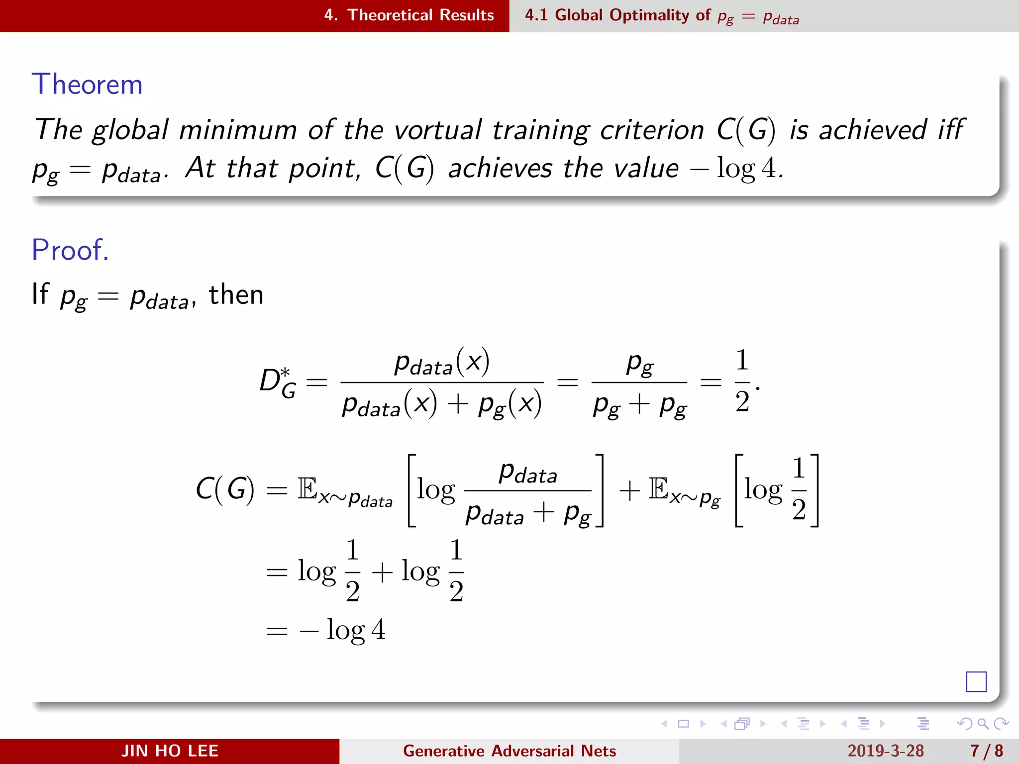 .
.
.
.
.
.
.
.
.
.
.
.
.
.
.
.
.
.
.
.
.
.
.
.
.
.
.
.
.
.
.
.
.
.
.
.
.
.
.
.
4. Theoretical Results 4.1 Global Optimality of pg = pdata
Theorem
The global minimum of the vortual training criterion C(G) is achieved iff
pg = pdata. At that point, C(G) achieves the value − log 4.
Proof.
If pg = pdata, then
D∗
G =
pdata(x)
pdata(x) + pg(x)
=
pg
pg + pg
=
1
2
.
C(G) = Ex∼pdata
[
log
pdata
pdata + pg
]
+ Ex∼pg
[
log
1
2
]
= log
1
2
+ log
1
2
= − log 4
JIN HO LEE Generative Adversarial Nets 2019-3-28 7 / 8
 