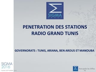 PENETRATION DES STATIONS
RADIO GRAND TUNIS
GOVERNORATS : TUNIS, ARIANA, BEN AROUS ET MANOUBA
TUNISIE-SEPTEMBRE 2016 16
 