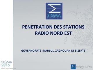 PENETRATION DES STATIONS
RADIO NORD EST
GOVERNORATS : NABEUL, ZAGHOUAN ET BIZERTE
TUNISIE-SEPTEMBRE 2016 21
 