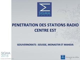 PENETRATION DES STATIONS RADIO
CENTRE EST
GOUVERNORATS : SOUSSE, MONASTIR ET MAHDIA
TUNISIE-SEPTEMBRE 2016 31
 
