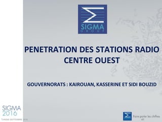 PENETRATION DES STATIONS RADIO
CENTRE OUEST
GOUVERNORATS : KAIROUAN, KASSERINE ET SIDI BOUZID
TUNISIE-SEPTEMBRE 2016 41
 
