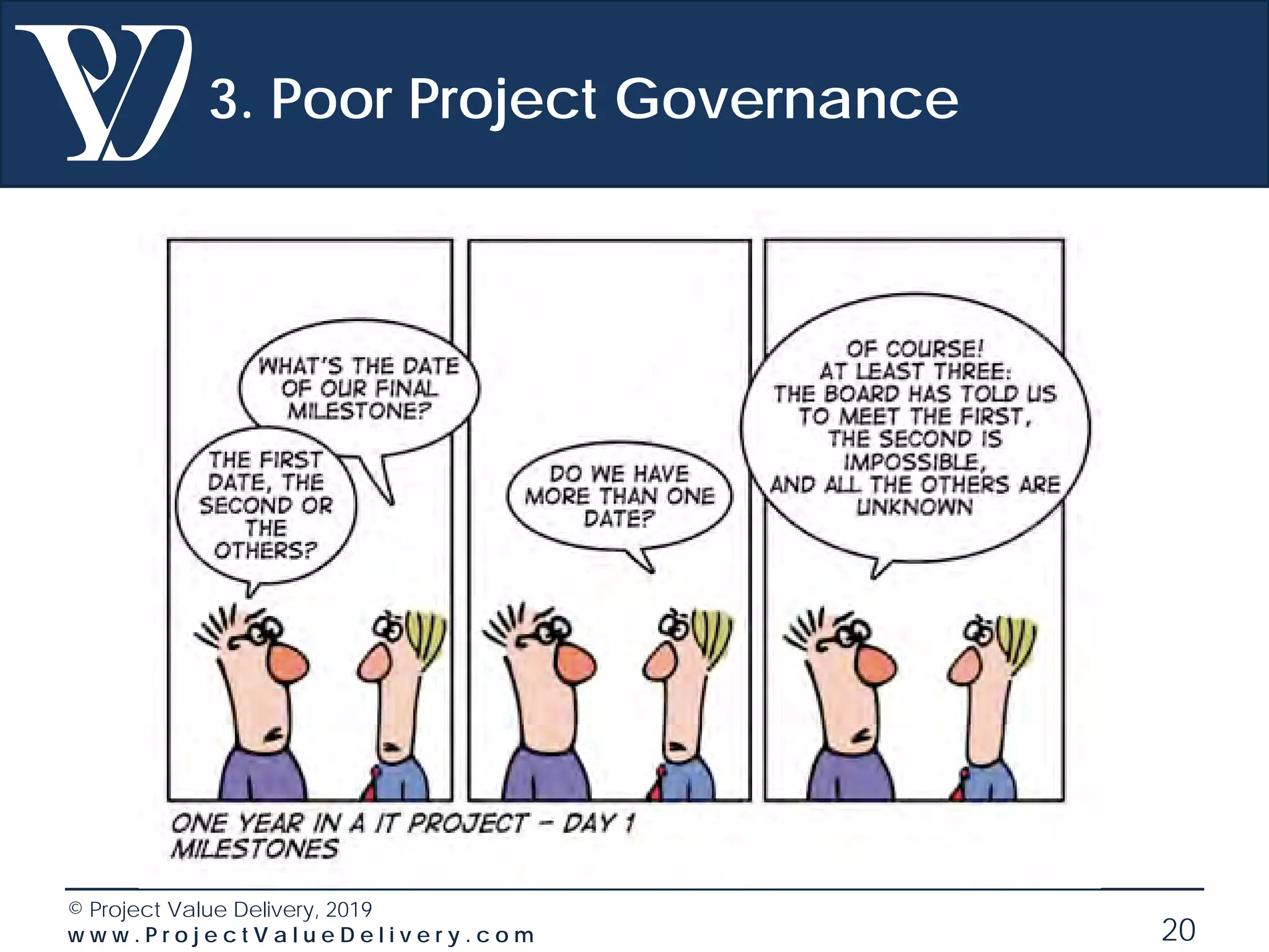 © Project Value Delivery, 2019
w w w . P r o j e c t V a l u e D e l i v e r y . c o m 20
3. Poor Project Governance
 