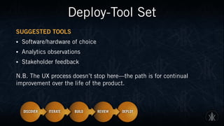 Deploy-Tool Set
SUGGESTED TOOLS
• Software/hardware of choice
• Analytics observations
• Stakeholder feedback
N.B. The UX process doesn’t stop here—the path is for continual
improvement over the life of the product.
 