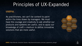 Principles of UX-Expanded
USEFUL
As practitioners, we can’t be content to paint
within the lines drawn by managers. We mus...