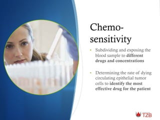 Chemo-
sensitivity
• Subdividing and exposing the
blood sample to different
drugs and concentrations
• Determining the rate of dying
circulating epithelial tumor
cells to identify the most
effective drug for the patient
 