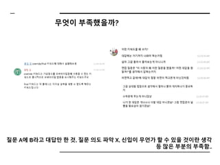 질문 A에 B라고 대답만 한 것, 질문 의도 파악 X, 신입이 무언가 할 수 있을 것이란 생각
등 많은 부분의 부족함..
무엇이 부족했을까?
 