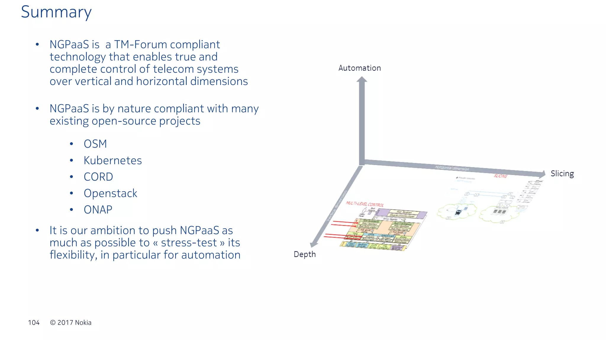 © 2017 Nokia104
Summary
• NGPaaS is a TM-Forum compliant
technology that enables true and
complete control of telecom systems
over vertical and horizontal dimensions
• NGPaaS is by nature compliant with many
existing open-source projects
• OSM
• Kubernetes
• CORD
• Openstack
• ONAP
• It is our ambition to push NGPaaS as
much as possible to « stress-test » its
flexibility, in particular for automation
 