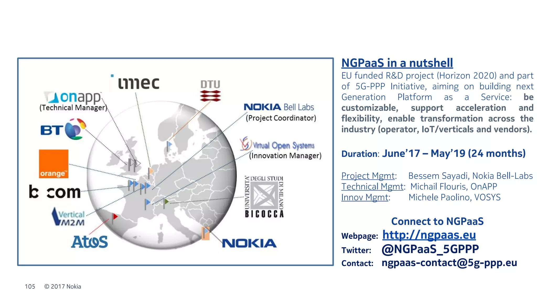 © 2017 Nokia105
NGPaaS in a nutshell
EU funded R&D project (Horizon 2020) and part
of 5G-PPP Initiative, aiming on building next
Generation Platform as a Service: be
customizable, support acceleration and
flexibility, enable transformation across the
industry (operator, IoT/verticals and vendors).
Duration: June’17 – May’19 (24 months)
Project Mgmt: Bessem Sayadi, Nokia Bell-Labs
Technical Mgmt: Michail Flouris, OnAPP
Innov Mgmt: Michele Paolino, VOSYS
Connect to NGPaaS
Webpage: http://ngpaas.eu
Twitter: @NGPaaS_5GPPP
Contact: ngpaas-contact@5g-ppp.eu
 