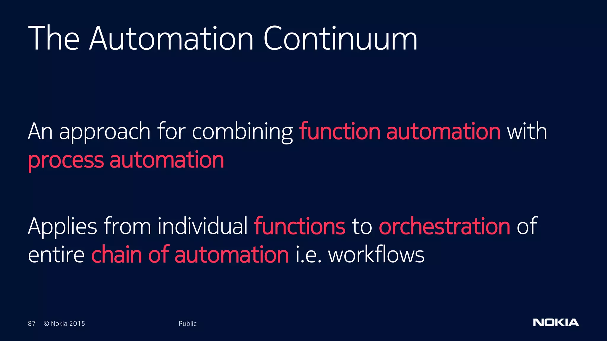87 © Nokia 2015
An approach for combining function automation with
process automation
Applies from individual functions to orchestration of
entire chain of automation i.e. workflows
Public
The Automation Continuum
Public
 