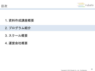 Copyright © 2019 Rubato Co., Ltd. –Confidential-
20
目次
1. 資料作成講座概要
2. プログラム紹介
3. スクール概要
4. 運営会社概要
 
