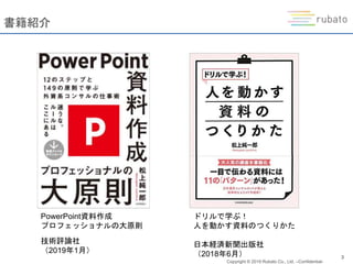 Copyright © 2019 Rubato Co., Ltd. –Confidential-
3
書籍紹介
ドリルで学ぶ！
人を動かす資料のつくりかた
日本経済新聞出版社
（2018年6月）
PowerPoint資料作成
プロフェッショナルの大原則
技術評論社
（2019年1月）
 