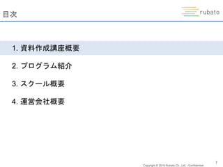 Copyright © 2019 Rubato Co., Ltd. –Confidential-
7
目次
1. 資料作成講座概要
2. プログラム紹介
3. スクール概要
4. 運営会社概要
 