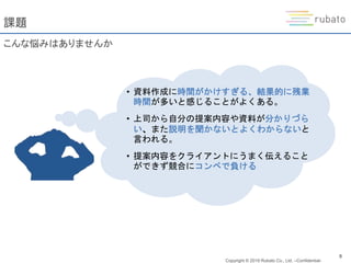 Copyright © 2019 Rubato Co., Ltd. –Confidential-
8
課題
こんな悩みはありませんか
• 資料作成に時間がかけすぎる、結果的に残業
時間が多いと感じることがよくある。
• 上司から自分の提案内容や資料が分かりづら
い、また説明を聞かないとよくわからないと
言われる。
• 提案内容をクライアントにうまく伝えること
ができず競合にコンペで負ける
 