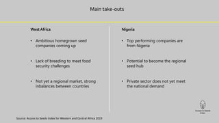 Main take-outs
West Africa
• Ambitious homegrown seed
companies coming up
• Lack of breeding to meet food
security challenges
• Not yet a regional market, strong
inbalances between countries
Nigeria
• Top performing companies are
from Nigeria
• Potential to become the regional
seed hub
• Private sector does not yet meet
the national demand
Source: Access to Seeds Index for Western and Central Africa 2019
 