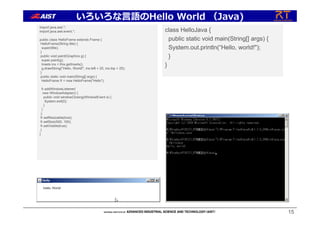 import java.awt.*;
import java.awt.event.*;
public class HelloFrame extends Frame {
HelloFrame(String title) {
super(title);
}
public void paint(Graphics g) {
super.paint(g);
Insets ins = this.getInsets();
g.drawString("Hello, World!", ins.left + 25, ins.top + 25);
}
public static void main(String[] args) {
HelloFrame fr = new HelloFrame("Hello");
fr.addWindowListener(
new WindowAdapter() {
public void windowClosing(WindowEvent e) {
System.exit(0);
}
}
);
fr.setResizable(true);
fr.setSize(500, 100);
fr.setVisible(true);
}
}
class HelloJava {
public static void main(String[] args) {
System.out.println(“Hello, world!");
}
}
15
いろいろな⾔語のHello World （Java)
 