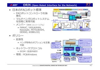 47
• ⽇本のFAロボット標準
– FAロボットコントローラを抽
象化
– マルチベンダロボットシステム
を容易に実現可能
– メンバー（ORiN コンソーシアム）
• FANUC, YASUKAWA,
Kawasaki, MITSUBISHI,
DENSO, KOBELCO)
• ポリシー
– 拡張性
• ベンダ特有のオプションを定義
可能
– ネットワークプロトコル
• DCOM（⾔語⾮依存）
– 環境︓PC&Windows
ORiN (Open Robot Interface for the Network)
 