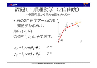 課題1︓順運動学（2⾃由度）
〜関節⾓度から⼿先位置を求める〜
• 右の2⾃由度アームの順
運動学を求めよ。
点P2 (x, y)
の値をl1, l2, θ1, θ2で表す。
ℓ1
ℓ2
θ1
θ2
( x , y )
P1
P0
P2
x
y
 