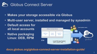 Globus Connect Server
2
• Makes your storage accessible via Globus
• Multi-user server, installed and managed by sysadmin
docs.globus.org/globus-connect-server-installation-guide/
Local system users
Local Storage System
(HPC cluster, NAS, …)
Globus Connect Server
MyProxy
CA
GridFTP
Server
OAuth
Server
DTN
• Default access for
all local accounts
• Native packaging
Linux: DEB, RPM
 