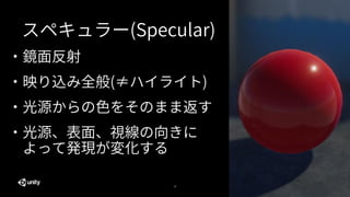 10
スペキュラー(Specular)
・鏡面反射
・光源からの色をそのまま返す
・光源、表面、視線の向きに
よって発現が変化する
・映り込み全般(≠ハイライト)
 