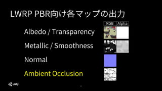 44
LWRP PBR向け各マップの出力
Albedo / Transparency
Metallic / Smoothness
Normal
Ambient Occlusion
RGB Alpha
 