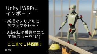 46
Unity LWRPに
インポート
ここまで１時間弱！
・新規マテリアルに
各マップをセット
・Albedoは乗算なので
注意(カラーを1に)
 