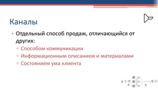 Каналы
• Отдельный способ продаж, отличающийся от
других:
▫ Способом коммуникации
▫ Информационным описанием и материалами
▫ Состоянием ума клиента
 