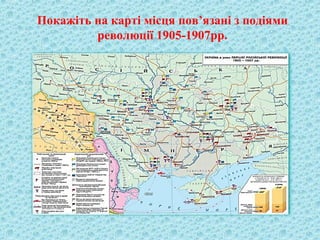 Покажіть на карті місця пов’язані з подіями
революції 1905-1907рр.
 