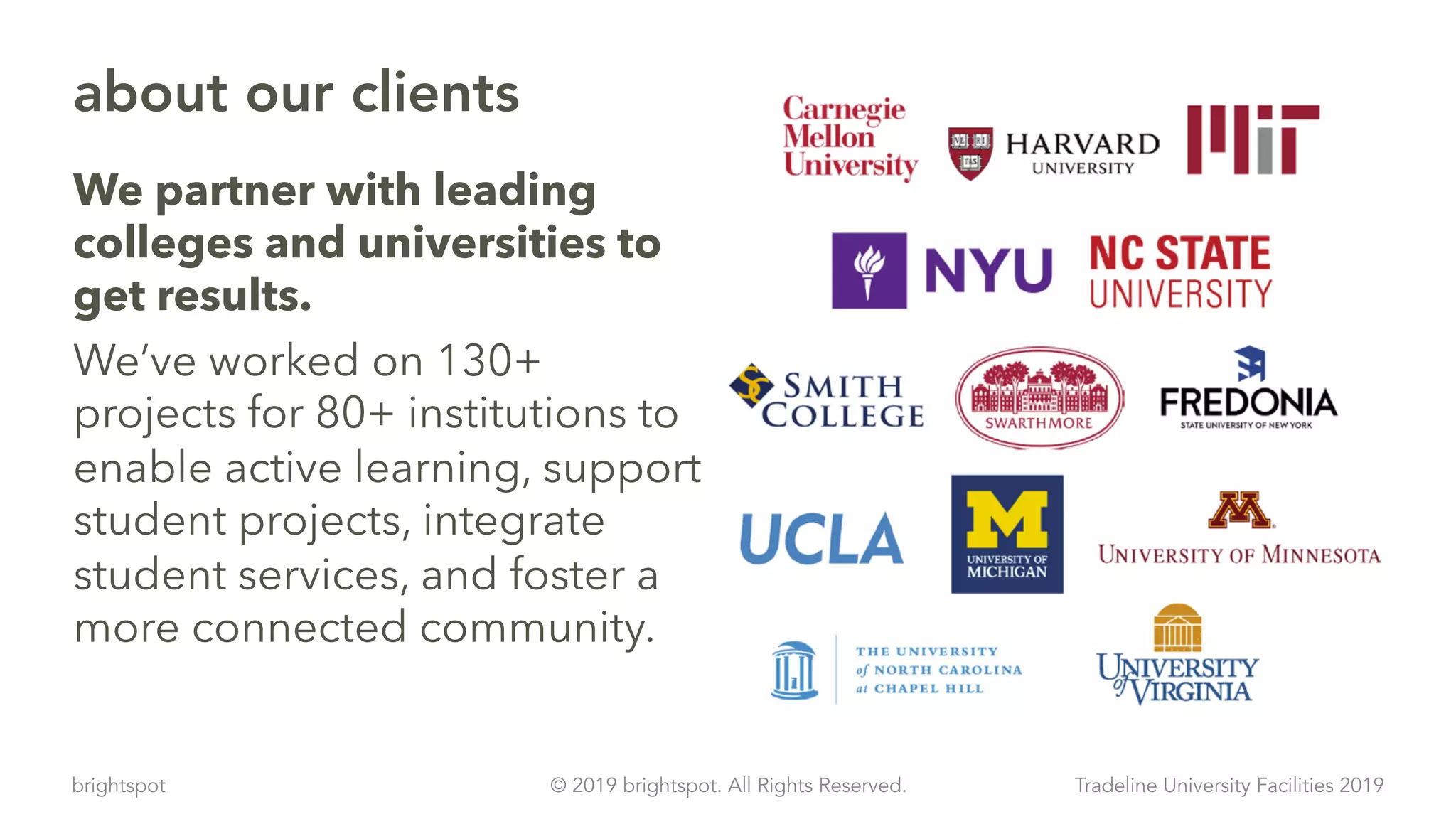 brightspot Tradeline University Facilities 2019© 2019 brightspot. All Rights Reserved.
about our clients
We partner with leading
colleges and universities to
get results.
We’ve worked on 130+
projects for 80+ institutions to
enable active learning, support
student projects, integrate
student services, and foster a
more connected community.
 