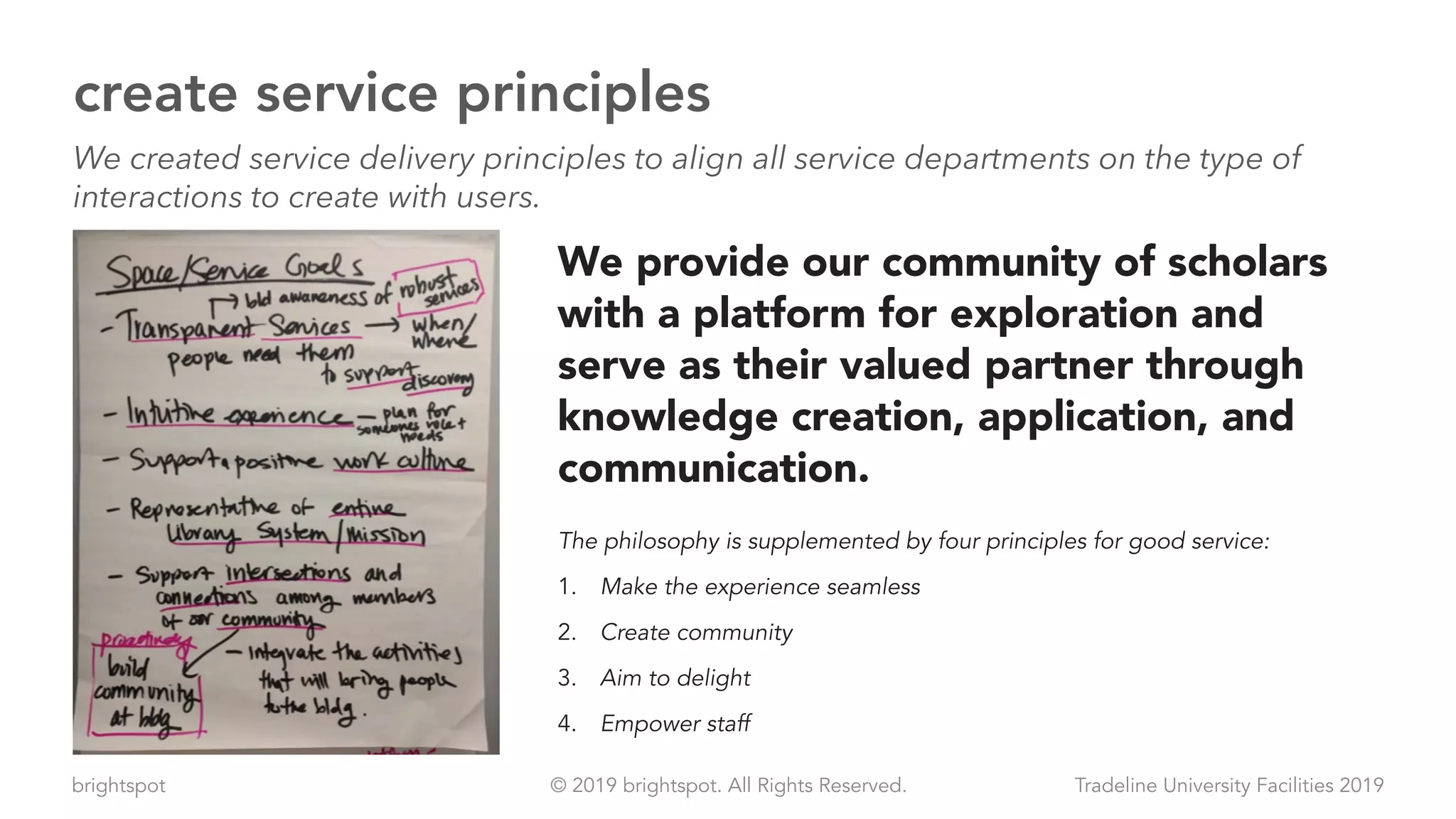 brightspot Tradeline University Facilities 2019© 2019 brightspot. All Rights Reserved.
create service principles
We created service delivery principles to align all service departments on the type of
interactions to create with users.
DESIGN THINKUNIVERSITY OF MICHIGAN | BRIGHTSPOT STRATEGY
service philosophy
collect and curate
In order to provide the desired experience, a service philosophy provides a
foundation for library staff to share and deliver services:
We provide our community of scholars
with a platform for exploration and
serve as their valued partner through
knowledge creation, application, and
communication.
The philosophy is supplemented by four principles for good service:
1. Make the experience seamless
2. Create community
3. Aim to delight
4. Empower staff
entice
discover
expl
ore c
reate
share
 