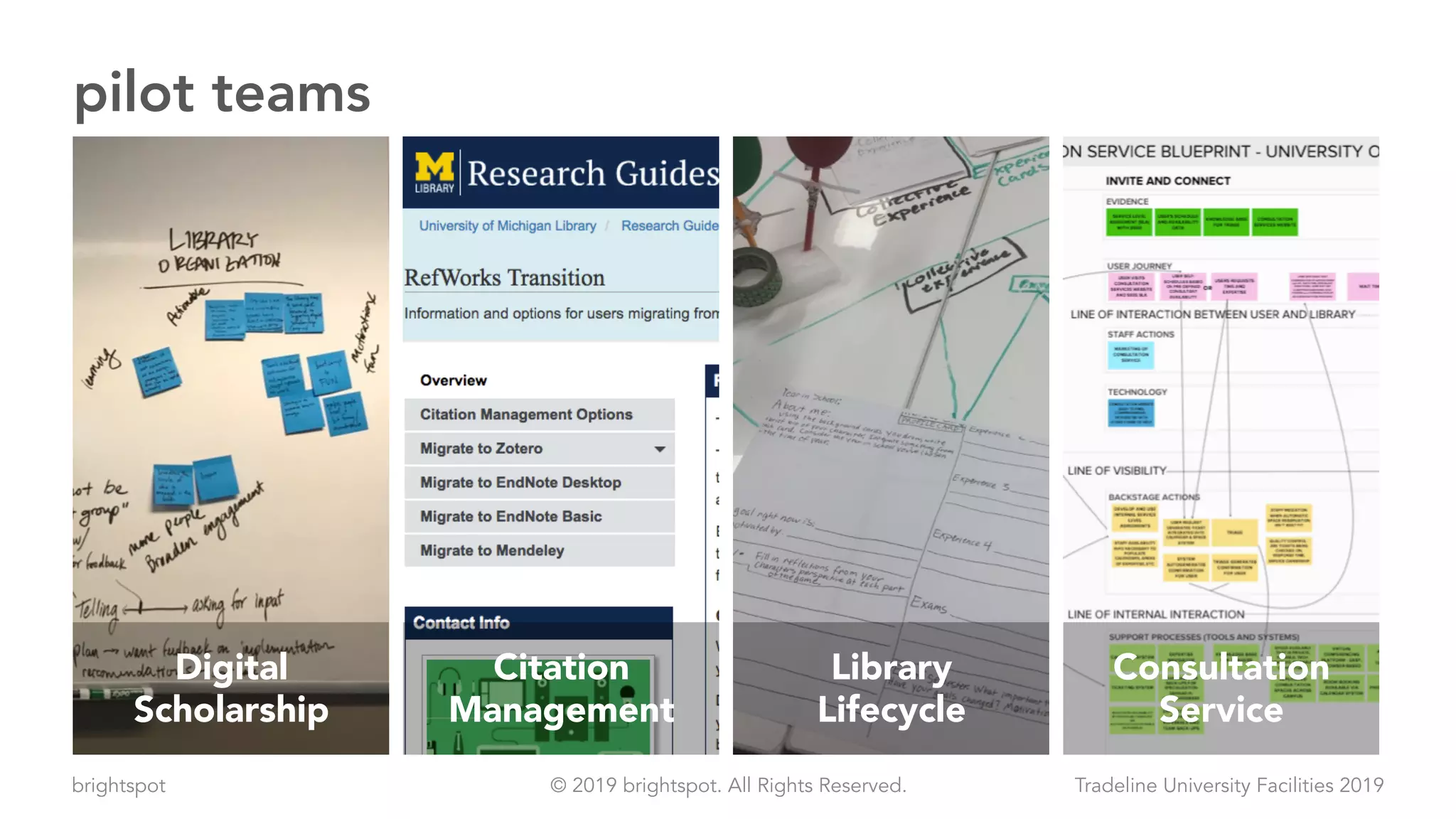 brightspot Tradeline University Facilities 2019© 2019 brightspot. All Rights Reserved.
pilot teams
Digital
Scholarship
Citation
Management
Library
Lifecycle
Consultation
Service
 