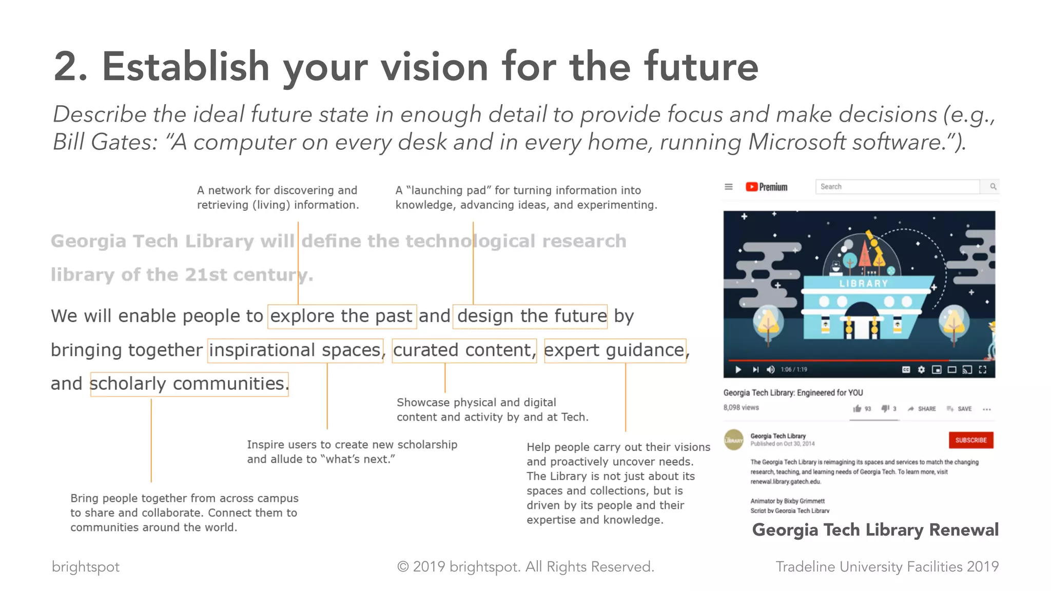 brightspot Tradeline University Facilities 2019© 2019 brightspot. All Rights Reserved.
2. Establish your vision for the future
Describe the ideal future state in enough detail to provide focus and make decisions (e.g.,
Bill Gates: “A computer on every desk and in every home, running Microsoft software.”).
Georgia Tech Library Renewal
 