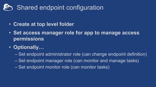 Shared endpoint configuration
• Create at top level folder
• Set access manager role for app to manage access
permissions
• Optionally…
– Set endpoint administrator role (can change endpoint definition)
– Set endpoint manager role (can monitor and manage tasks)
– Set endpoint monitor role (can monitor tasks)
 