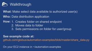 Walkthrough
What: Make select data available to authorized user(s)
Who: Data distribution application
How:
See example cod...