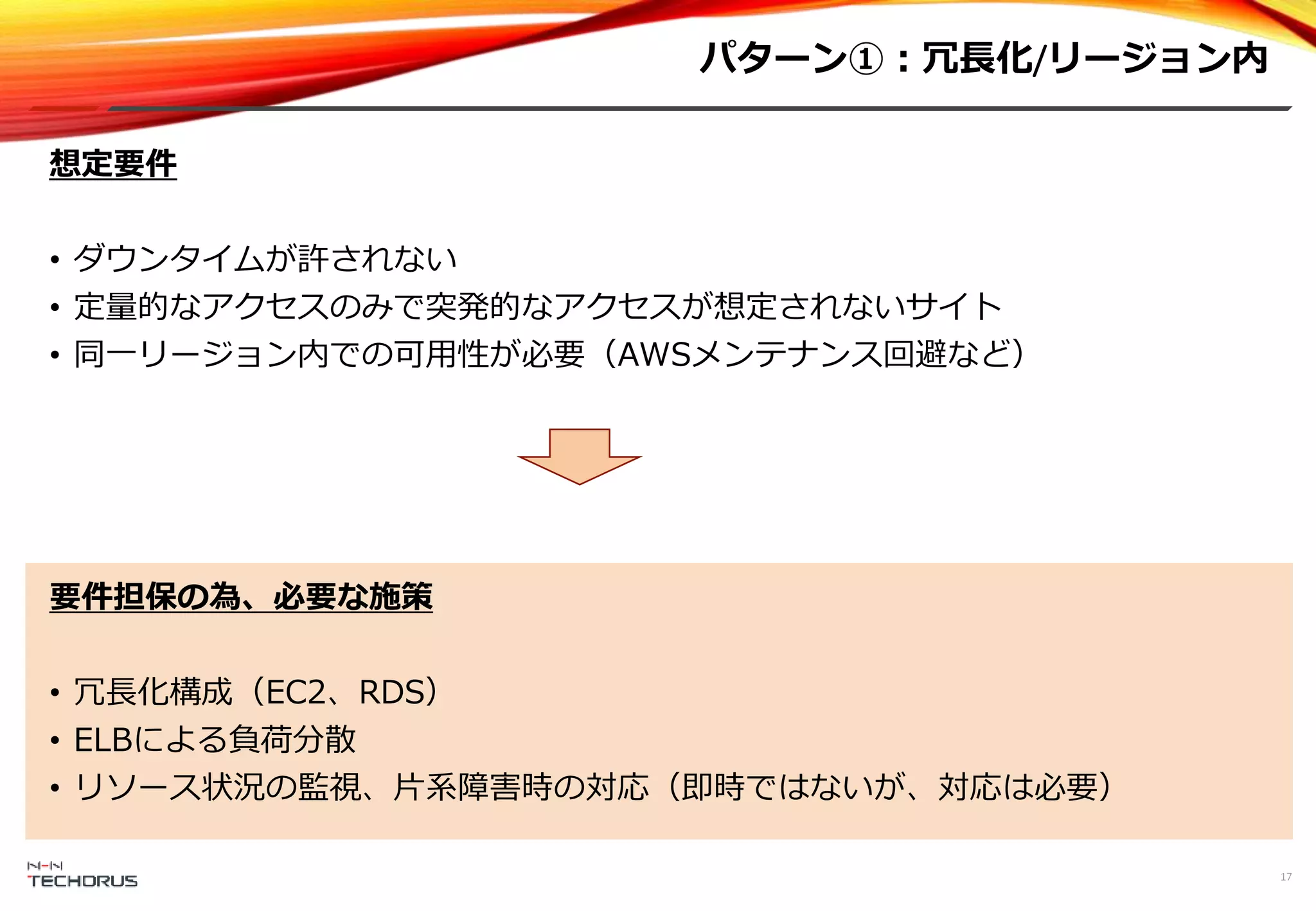 パターン①：冗長化/リージョン内
17
想定要件
• ダウンタイムが許されない
• 定量的なアクセスのみで突発的なアクセスが想定されないサイト
• 同一リージョン内での可用性が必要（AWSメンテナンス回避など）
要件担保の為、必要な施策
• 冗長化構成（EC2、RDS）
• ELBによる負荷分散
• リソース状況の監視、片系障害時の対応（即時ではないが、対応は必要）
 