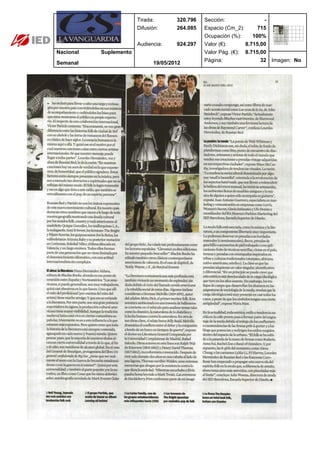 Tirada:       320.796   Sección:               -
                        Difusión:     264.085   Espacio (Cm_2):      715
                                                Ocupación (%):     100%
                        Audiencia:    924.297   Valor (€):      8.715,00
Nacional   Suplemento                           Valor Pág. (€): 8.715,00
                                                Página:               32 Imagen: No
Semanal                       19/05/2012
 