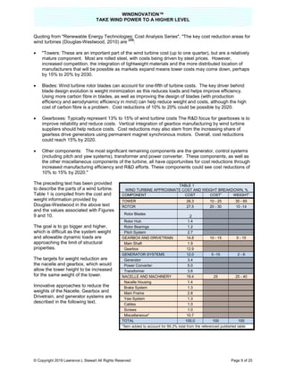 WINDNOVATION™
TAKE WIND POWER TO A HIGHER LEVEL
© Copyright 2019 Lawrence L Stewart All Rights Reserved Page 9 of 25
Quoting from "Renewable Energy Technologies: Cost Analysis Series", "The key cost reduction areas for
wind turbines (Douglas-Westwood, 2010) are
(25)
:
 "Towers: These are an important part of the wind turbine cost (up to one quarter), but are a relatively
mature component. Most are rolled steel, with costs being driven by steel prices. However,
increased competition, the integration of lightweight materials and the more distributed location of
manufacturers that will be possible as markets expand means tower costs may come down, perhaps
by 15% to 20% by 2030.
 Blades: Wind turbine rotor blades can account for one-fifth of turbine costs. The key driver behind
blade design evolution is weight minimization as this reduces loads and helps improve efficiency.
Using more carbon fibre in blades, as well as improving the design of blades (with production
efficiency and aerodynamic efficiency in mind) can help reduce weight and costs, although the high
cost of carbon fibre is a problem. Cost reductions of 10% to 20% could be possible by 2020.
 Gearboxes: Typically represent 13% to 15% of wind turbine costs The R&D focus for gearboxes is to
improve reliability and reduce costs. Vertical integration of gearbox manufacturing by wind turbine
suppliers should help reduce costs. Cost reductions may also stem from the increasing share of
gearless drive generators using permanent magnet synchronous motors. Overall, cost reductions
could reach 15% by 2020.
 Other components: The most significant remaining components are the generator, control systems
(including pitch and yaw systems), transformer and power converter. These components, as well as
the other miscellaneous components of the turbine, all have opportunities for cost reductions through
increased manufacturing efficiency and R&D efforts. These components could see cost reductions of
10% to 15% by 2020."
The preceding text has been provided
to describe the parts of a wind turbine.
Table 1 is compiled from the cost and
weight information provided by
Douglas-Westwood in the above text
and the values associated with Figures
9 and 10.
The goal is to go bigger and higher,
which is difficult as the system weight
and allowable dynamic loads are
approaching the limit of structural
properties.
The targets for weight reduction are
the nacelle and gearbox, which would
allow the tower height to be increased
for the same weight of the tower.
Innovative approaches to reduce the
weights of the Nacelle, Gearbox and
Drivetrain, and generator systems are
described in the following text.
TABLE 1
WIND TURBINE APPROXIMATE COST AND WEIGHT BREAKDOWN, %
COMPONENT COST COST)
WEIGHT)
TOWER 26.3 10 - 25 30 - 65
ROTOR 27.5 20 - 30 10 -14
Rotor Blades
.2
Rotor Hub 1.4
Rotor Bearings 1.2
Pitch System 2.7
GEARBOX AND DRIVETRAIN 14.8 10 - 15 5 - 15
Main Shaft 1.9
Gearbox 12.9
GENERATOR SYSTEMS 12.0 5 -15 2 - 6
Generator 3.4
Power Converter 5.0
Transformer 3.6
NACELLE AND MACHINERY 19.4 25 25 - 40
Nacelle Housing 1.4
Brake System 1.3
Main Frame 2.8
Yaw System 1.3
Cables 1.0
Screws 1.0
Miscellaneous* 10.7
TOTAL 100.0 100 100
*Item added to account for 89.3% total from the referenced published table
 