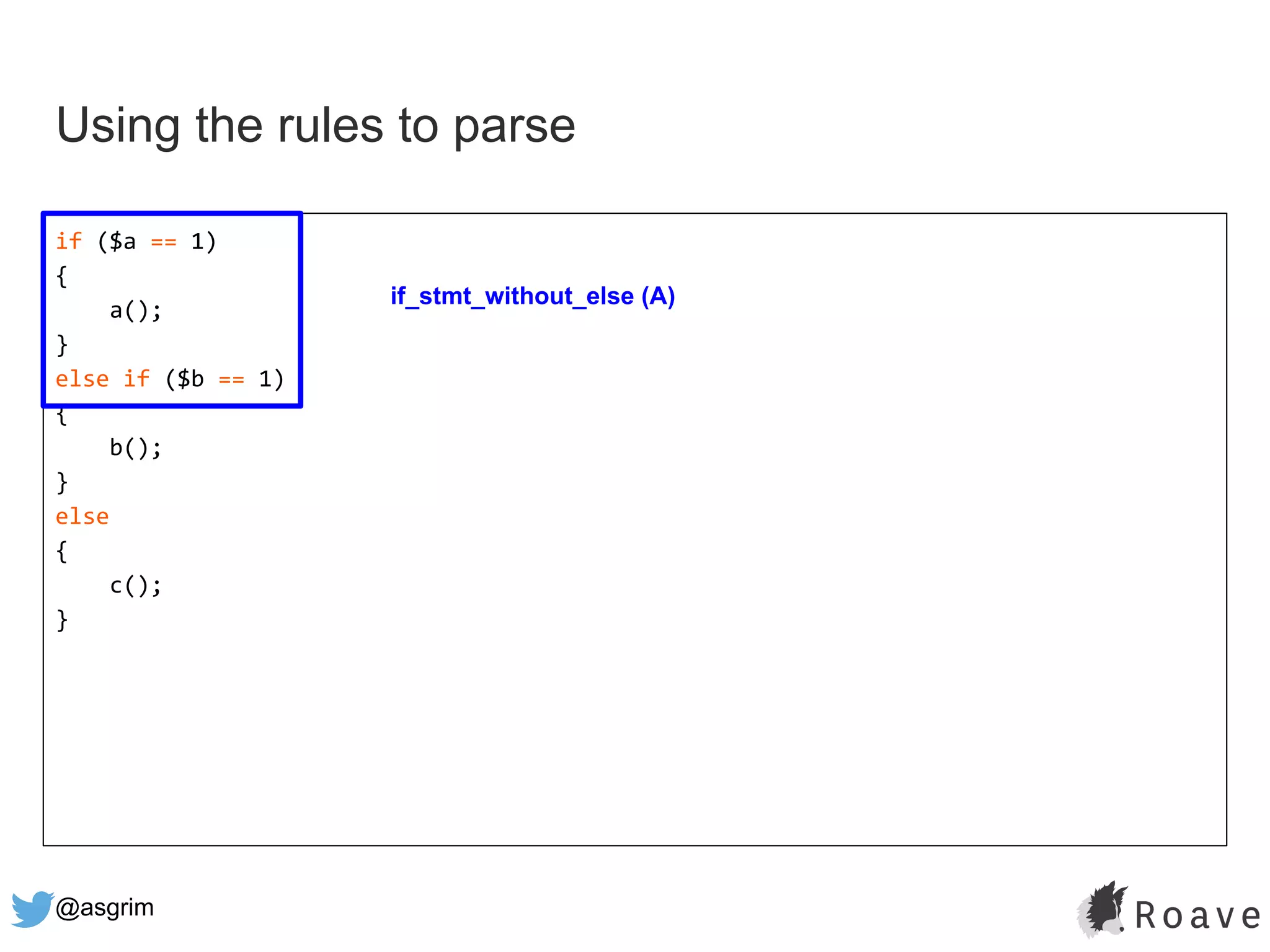 @asgrim
if ($a == 1)
{
a();
}
else if ($b == 1)
{
b();
}
else
{
c();
}
Using the rules to parse
if_stmt_without_else (A)
 