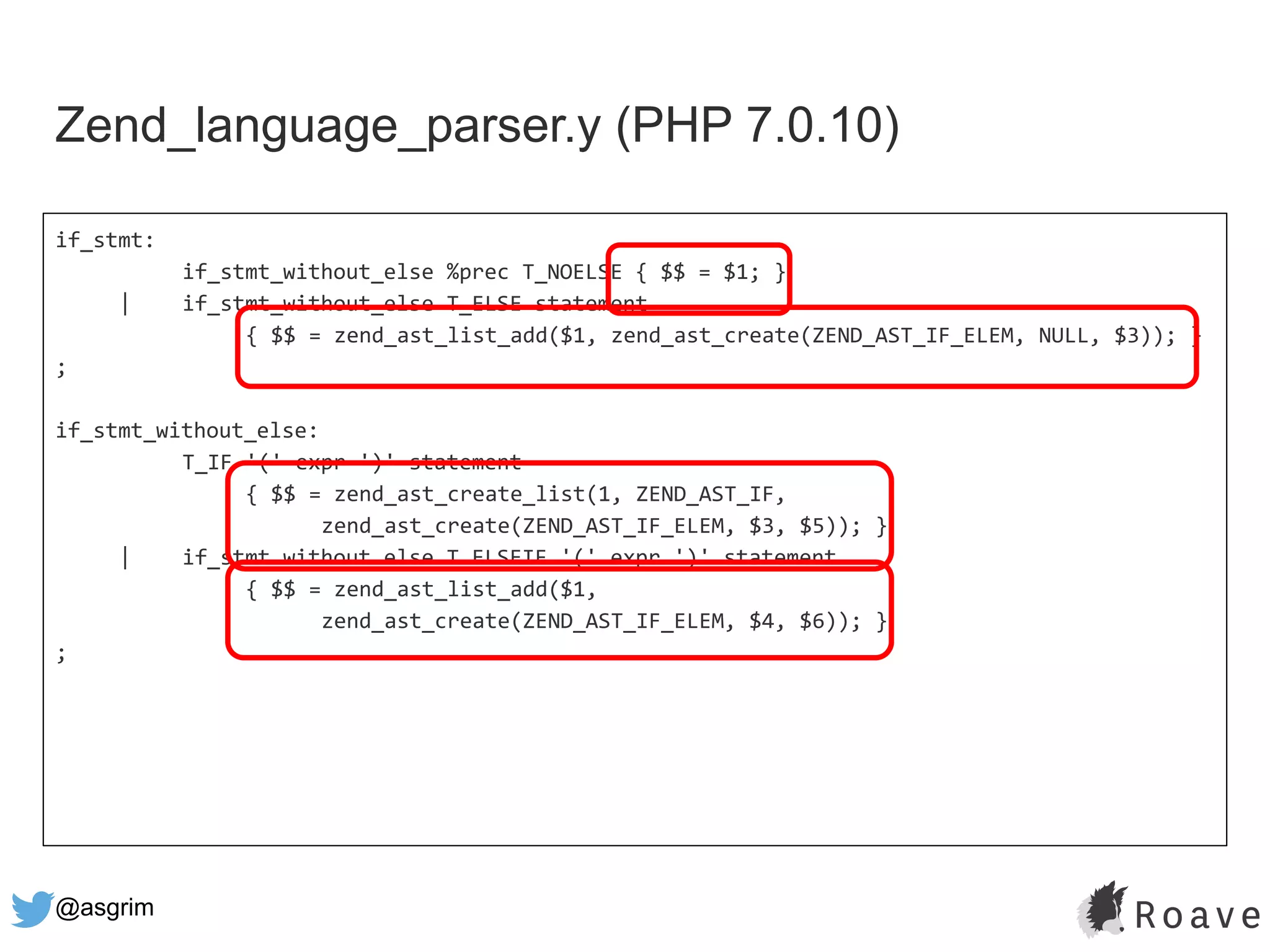 @asgrim
Zend_language_parser.y (PHP 7.0.10)
if_stmt:
if_stmt_without_else %prec T_NOELSE { $$ = $1; }
| if_stmt_without_else T_ELSE statement
{ $$ = zend_ast_list_add($1, zend_ast_create(ZEND_AST_IF_ELEM, NULL, $3)); }
;
if_stmt_without_else:
T_IF '(' expr ')' statement
{ $$ = zend_ast_create_list(1, ZEND_AST_IF,
zend_ast_create(ZEND_AST_IF_ELEM, $3, $5)); }
| if_stmt_without_else T_ELSEIF '(' expr ')' statement
{ $$ = zend_ast_list_add($1,
zend_ast_create(ZEND_AST_IF_ELEM, $4, $6)); }
;
 