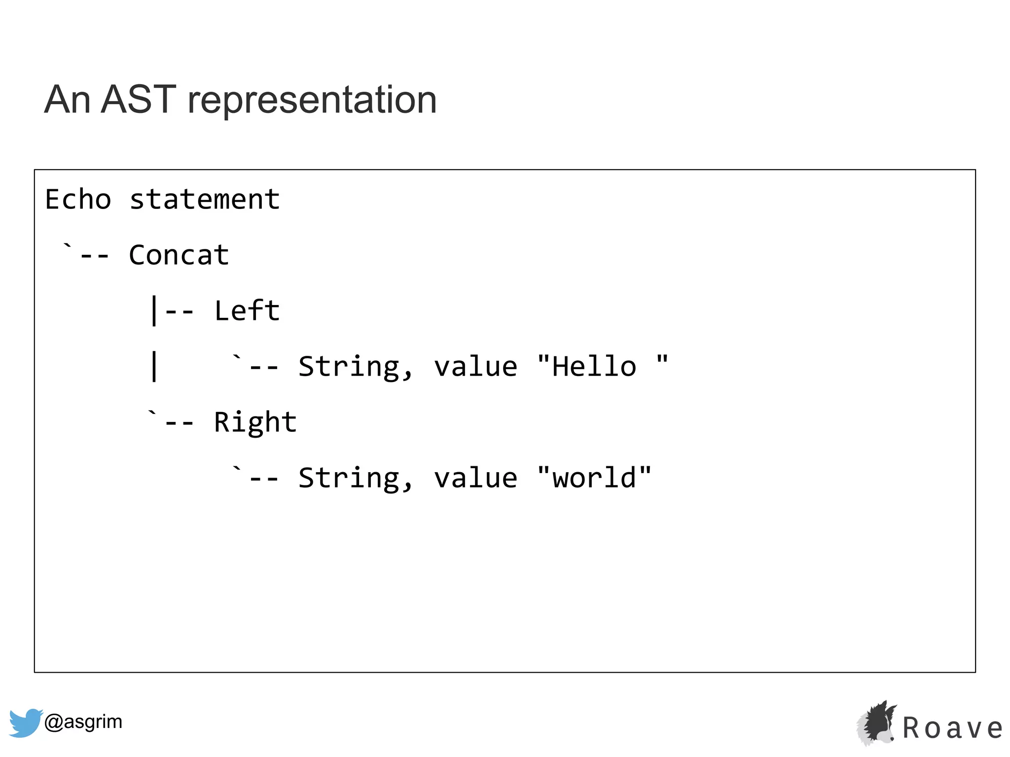 @asgrim
An AST representation
Echo statement
`-- Concat
|-- Left
| `-- String, value "Hello "
`-- Right
`-- String, value "world"
 