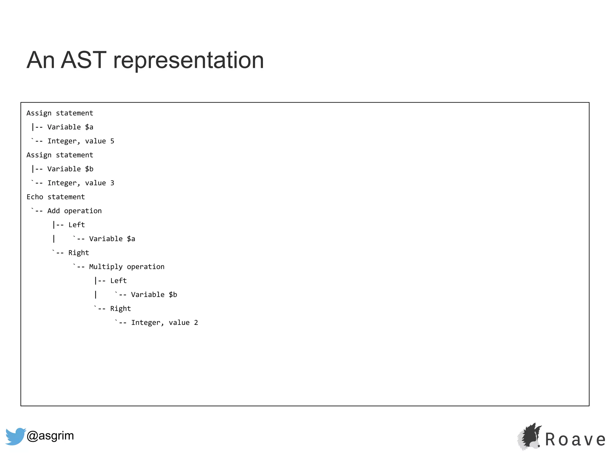 @asgrim
An AST representation
Assign statement
|-- Variable $a
`-- Integer, value 5
Assign statement
|-- Variable $b
`-- Integer, value 3
Echo statement
`-- Add operation
|-- Left
| `-- Variable $a
`-- Right
`-- Multiply operation
|-- Left
| `-- Variable $b
`-- Right
`-- Integer, value 2
 